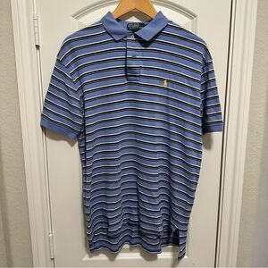 Men’s Polo by Ralph Lauren Light Blue, Black and Yellow Striped Polo Size Medium